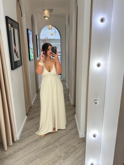 VESTIDO COMPRIDO FLUÍDO BEGE PONTO CHIC