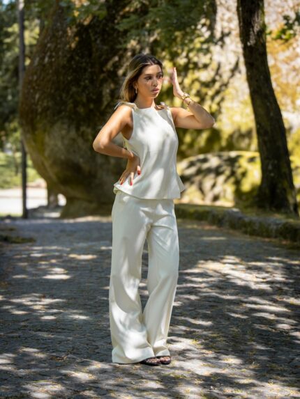 CONJUNTO TOP E PANTALONA AMARELO MANTEIGA PONTO CHIC