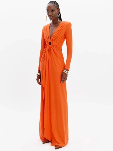 VESTIDO COMPRIDO LARANJA COM DRAPEADO LANÇA PERFUME