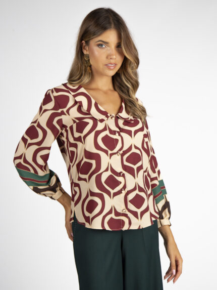 BLUSA ESTAMPADA EM TONS DE BORDO E BEGE SILVINA CAMPOS