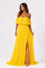 VESTIDO COMPRIDO AMARELO PLISSADO COM FOLHO FRONTAL PONTO CHIC - Image 4