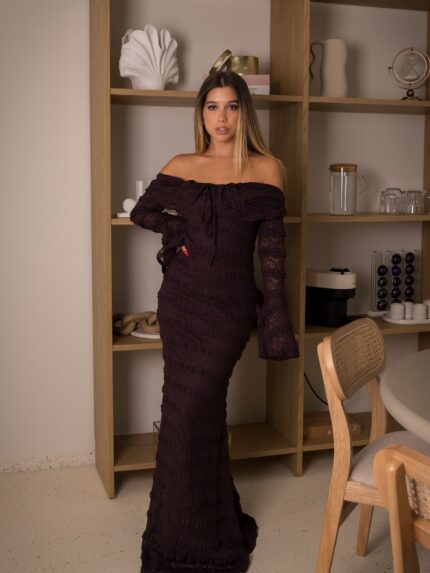 VESTIDO LONGO RENDA AMEIXA PONTO CHIC