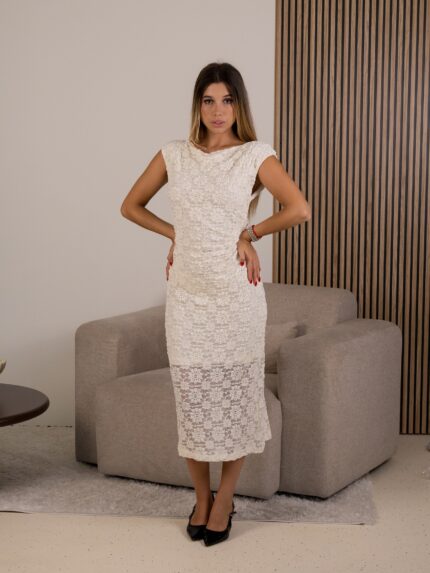 VESTIDO MIDI CREME TEXTURADO PONTO CHIC