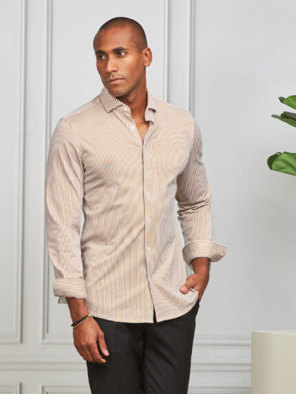 CAMISA STRETCH EASY-IRON RISCA BEGE SLIM FIT ZOLF