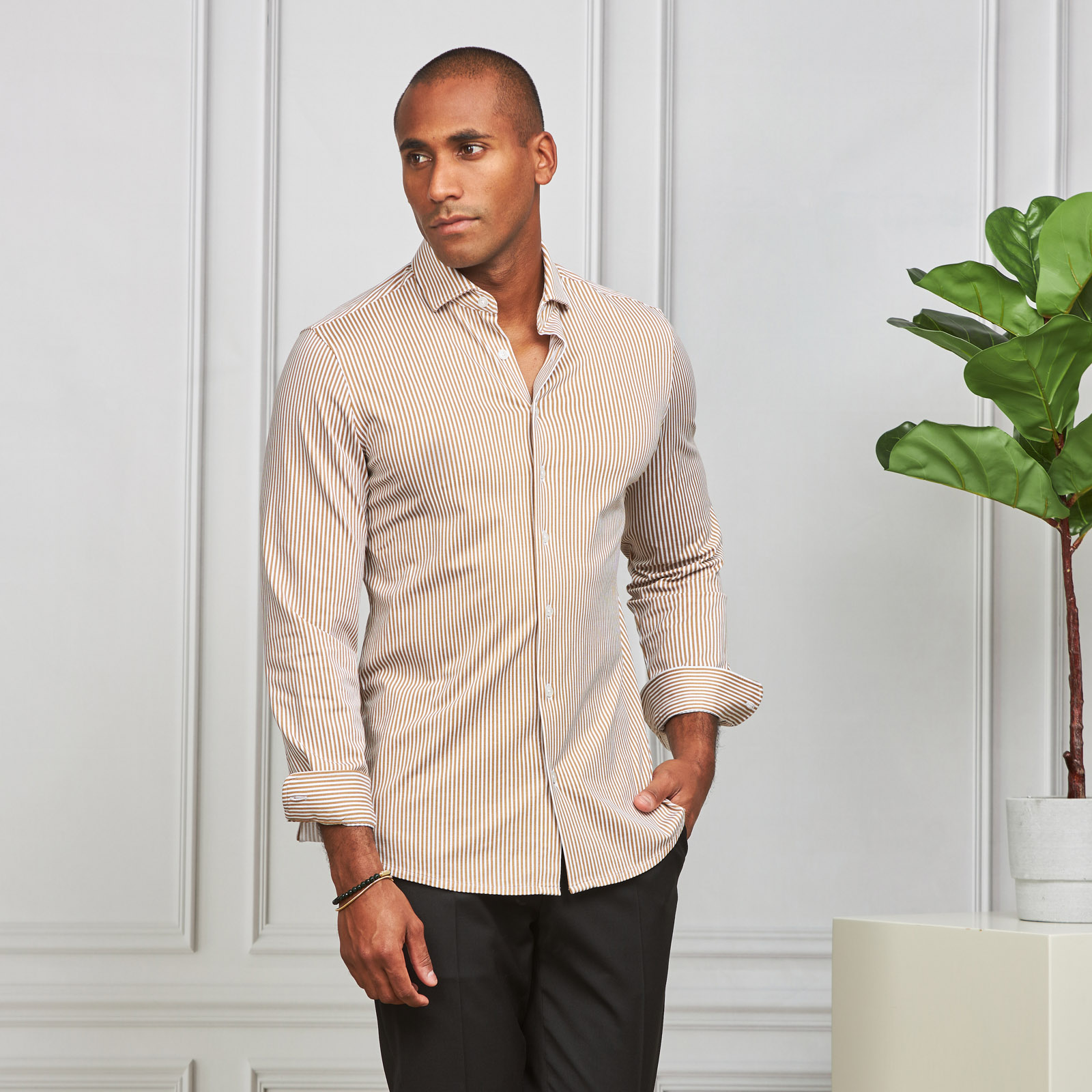 231903015_bege_1 CAMISA STRETCH EASY-IRON RISCA BEGE SLIM FIT ZOLF - Image 1