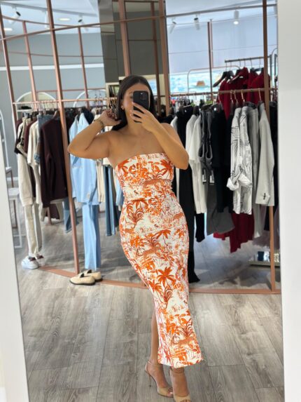 VESTIDO MIDI BRANCO COM ESTAMPA TROPICAL LANÇA PERFUME