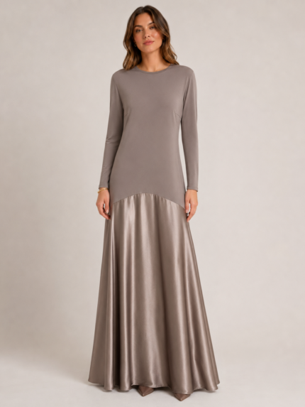 VESTIDO LONGO CASTANHO COM CONTRASTE EM SEDA IMPERIAL