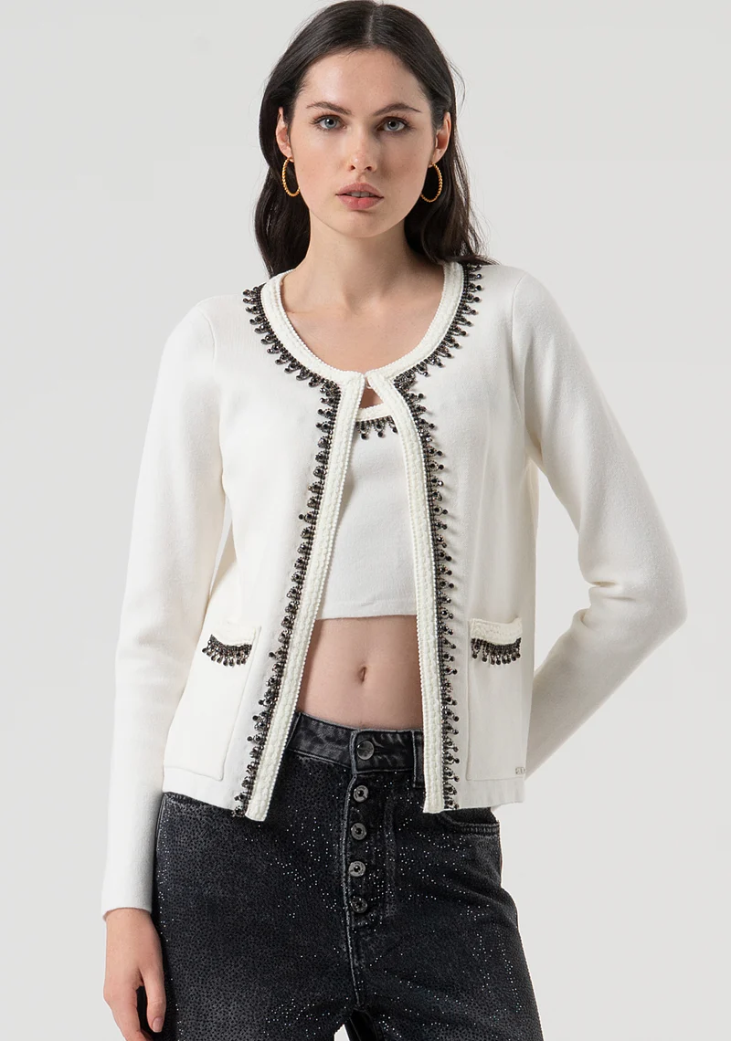 FR25WT8009K50401-108-1 CARDIGAN BRANCO COM APLICAÇÃO DE MIÇANGAS FRACOMINA - Image 1