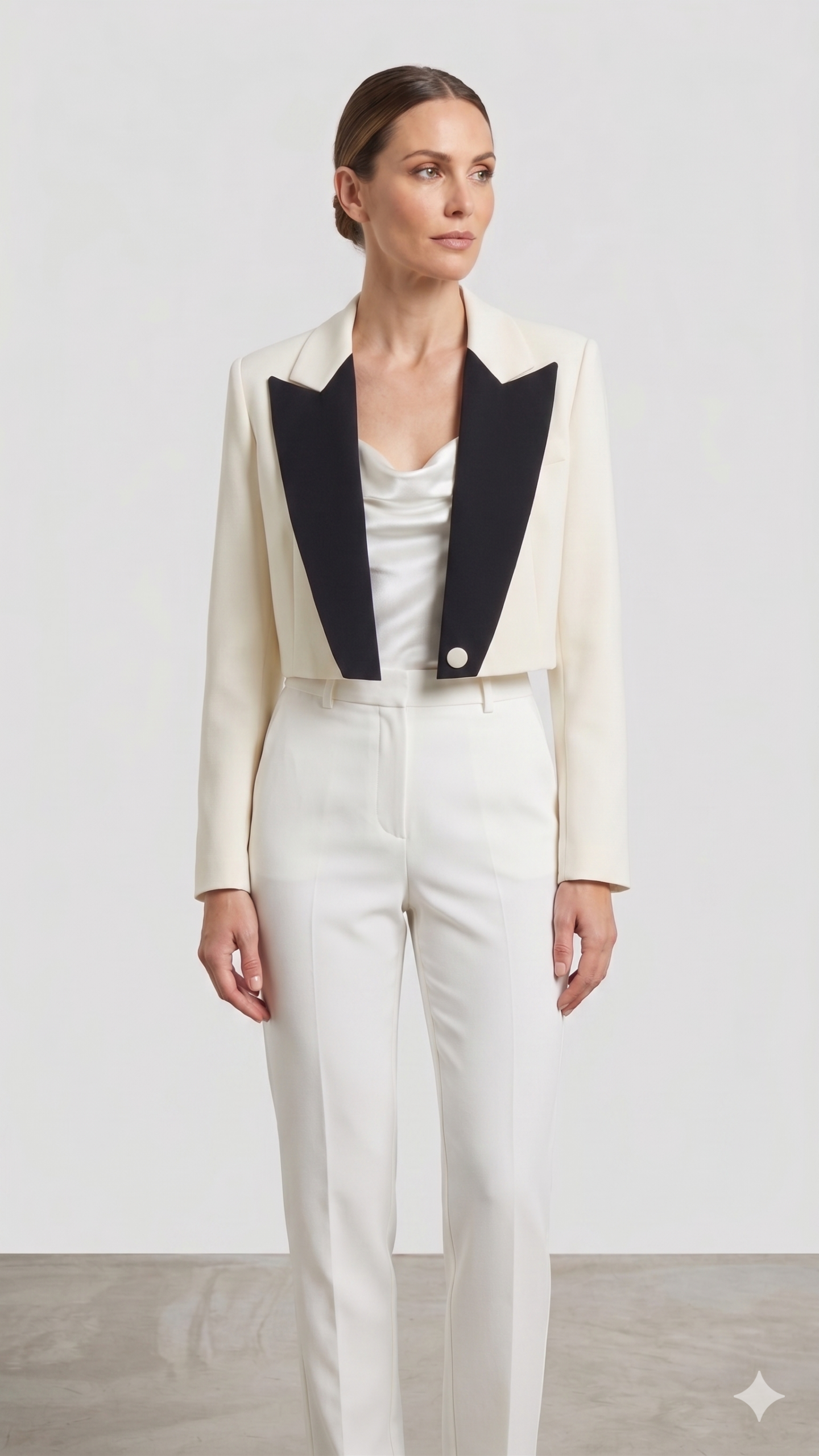 Gemini_Generated_Image_vftdntvftdntvftd BLAZER CROPPED BRANCO COM LAPELA PRETA IMPERIAL - Image 1