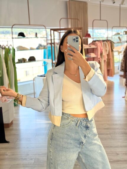 BLAZER CROPPED AZUL PUNHO COMBINADO SAHOCO