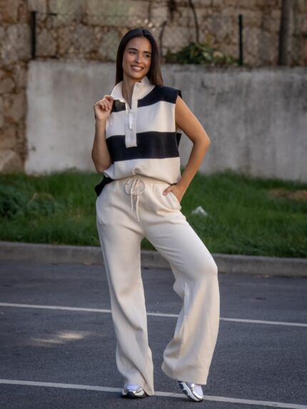 CONJUNTO BEGE E PRETO DE MALHA A RISCAS PONTO CHIC