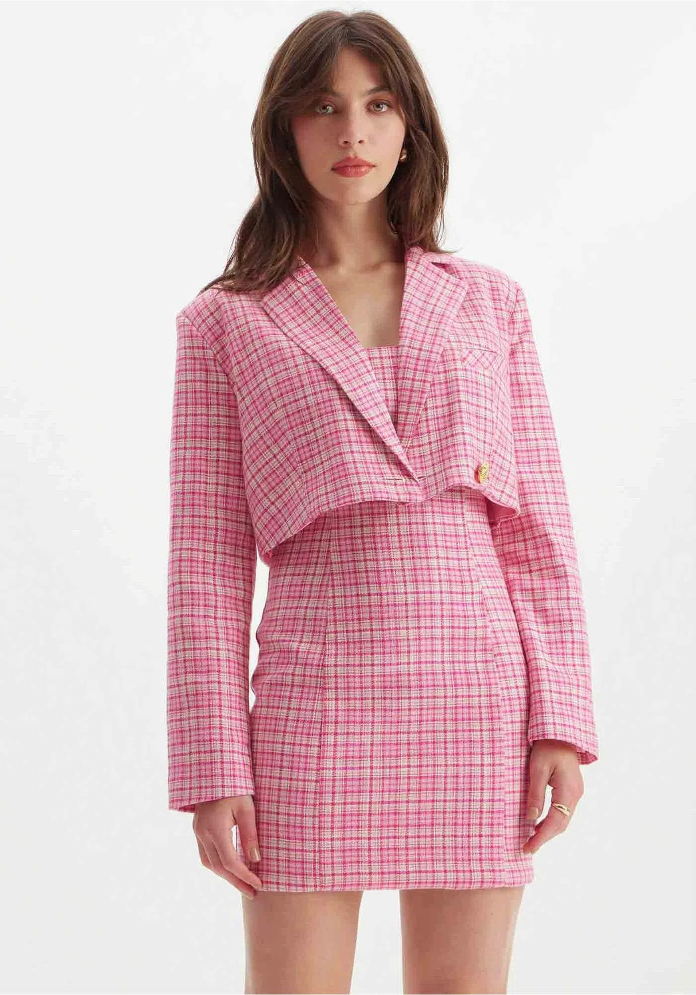 transferir-31 BLAZER CURTO XADREZ ROSA LANÇA PERFUME - Image 1