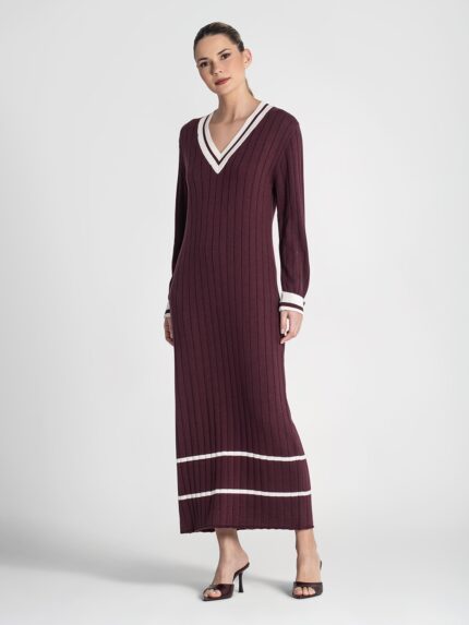 VESTIDO CANELADO BORDEAUX COM CONTRASTE EM ALGODÃO RUGA