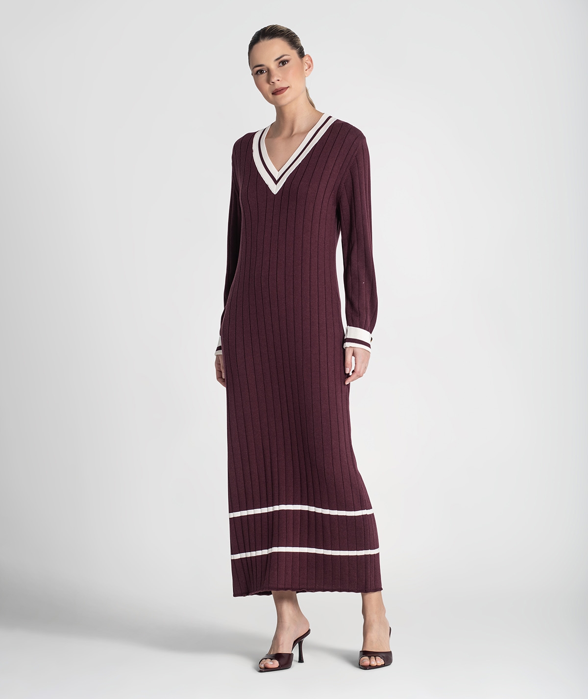20477-large_default VESTIDO CANELADO BORDEAUX COM CONTRASTE EM ALGODÃO RUGA - Image 1
