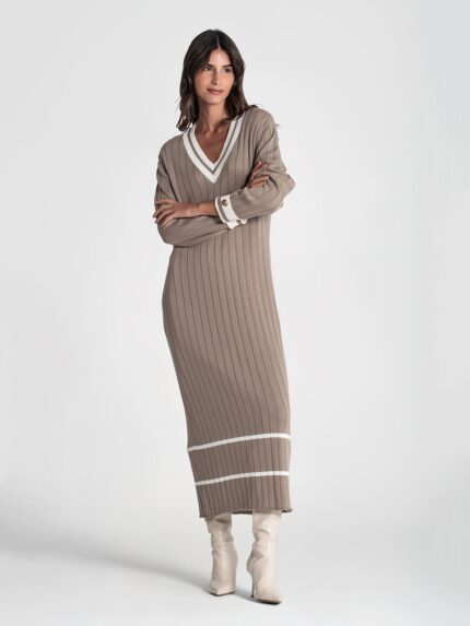 VESTIDO CANELADO NUDE COM CONTRASTE EM ALGODÃO RUGA
