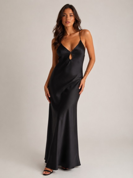 VESTIDO PRETO ACETINADO COM ALÇAS FINAS FRACOMINA