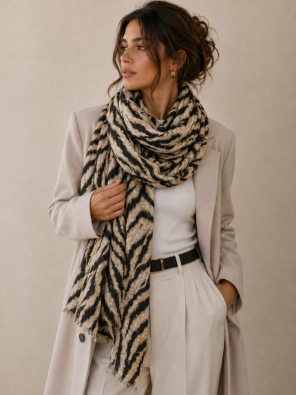 LENÇO ANIMAL PRINT BEGE COM BRILHO DOURADO PONTO CHIC