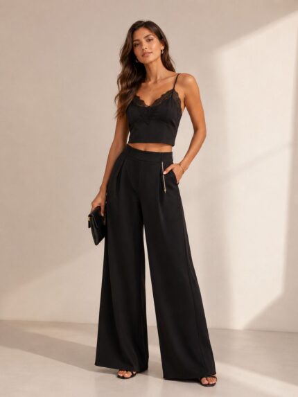 CALÇA PRETA FLUIDA COM PENDENTE DOURADO RINASCIMENTO