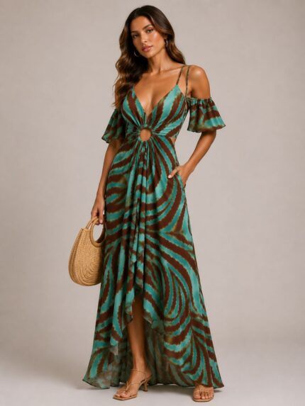 VESTIDO MIDI ÁFRICA AZUL E CASTANHO RINASCIMENTO