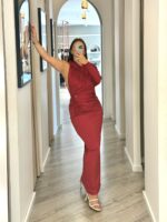 VESTIDO VERMELHO DRAPEADO COM DECOTE DRAPEADO RINASCIMENTO