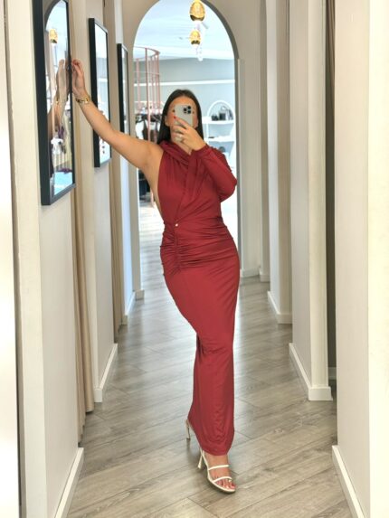 VESTIDO VERMELHO DRAPEADO COM DECOTE DRAPEADO RINASCIMENTO