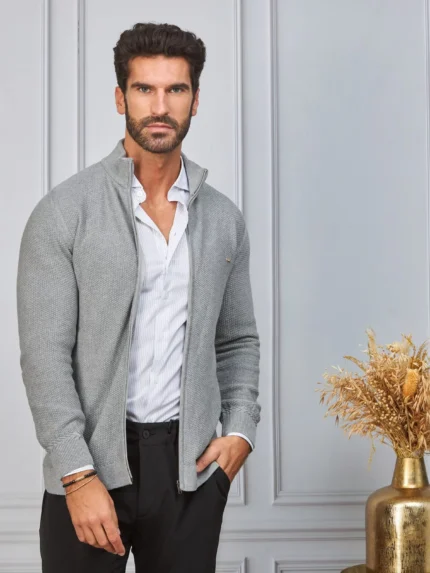 CARDIGAN TRICOT TEXTURA CINZA CLARO ZOLF