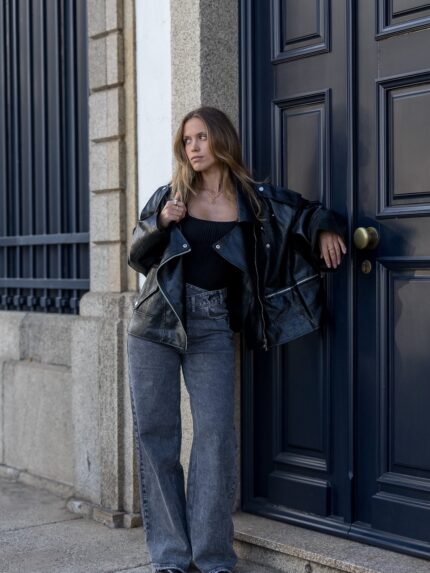 CALÇA JEANS WIDE LEG CINZA PONTO CHIC