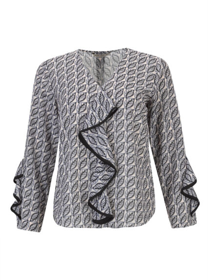 BLUSA ESTAMPADA FOLHAS COM DETALHE DE FOLHO SILVINA CAMPOS