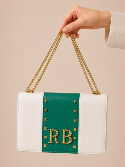 MALA BRANCA E VERDE COM TACHAS E CORRENTE DOURADA ROBERTA BIAGGI