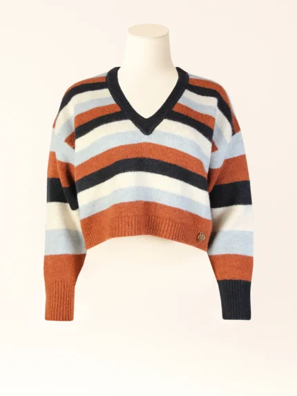 CAMISOLA CROPPED ÀS RISCAS MARINHO E CAMEL SAHOCO