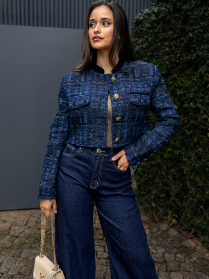 CASACO CURTO TWEED AZUL E CASTANHO PONTO CHIC