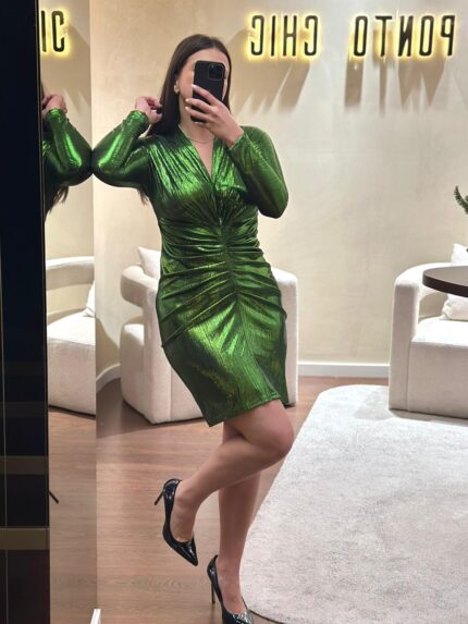 VESTIDO METÁLICO VERDE DRAPEADO PONTO CHIC