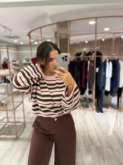 CAMISOLA ÀS RISCAS ROSA E CASTANHA PONTO CHIC