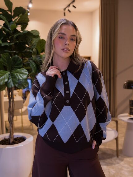 CAMISOLA LOSANGOS AZUL E CASTANHA PONTO CHIC