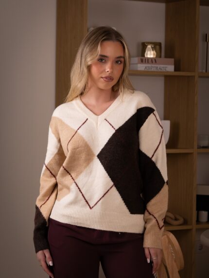 CAMISOLA DE MALHA GEOMÉTRICA BEGE E CASTANHA PONTO CHIC