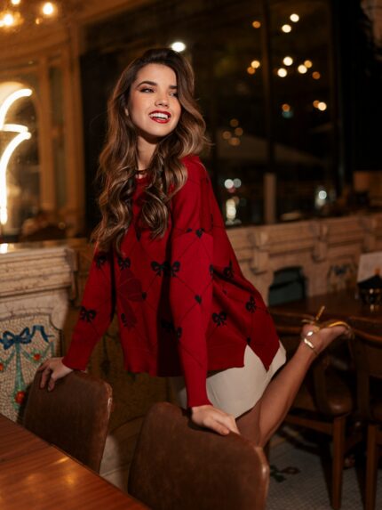 MALHA TRICOT VERMELHA COM LAÇOS RUGA