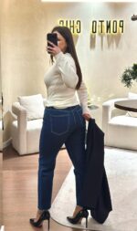 CALÇA DE GANGA MOM JEANS AZUL DESFIADA PONTO CHIC - Image 2