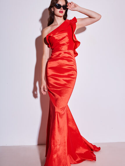 VESTIDO VERMELHO LONGO COM FOLHOS ASSIMÉTRICOS PONTO CHIC