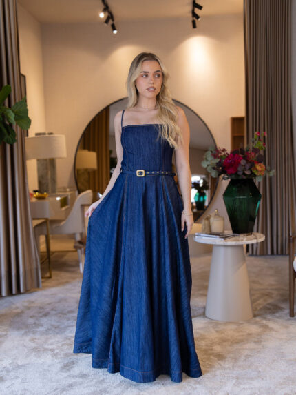 VESTIDO JEANS COM ALÇAS E CINTO LANÇA PERFUME