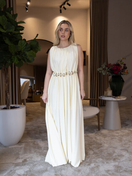 VESTIDO COMPRIDO COM APLICAÇÕES DOURADAS LANÇA PERFUME