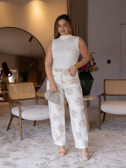 CALÇA FLORAL EM TONS ROSA E VERDE DIXIE