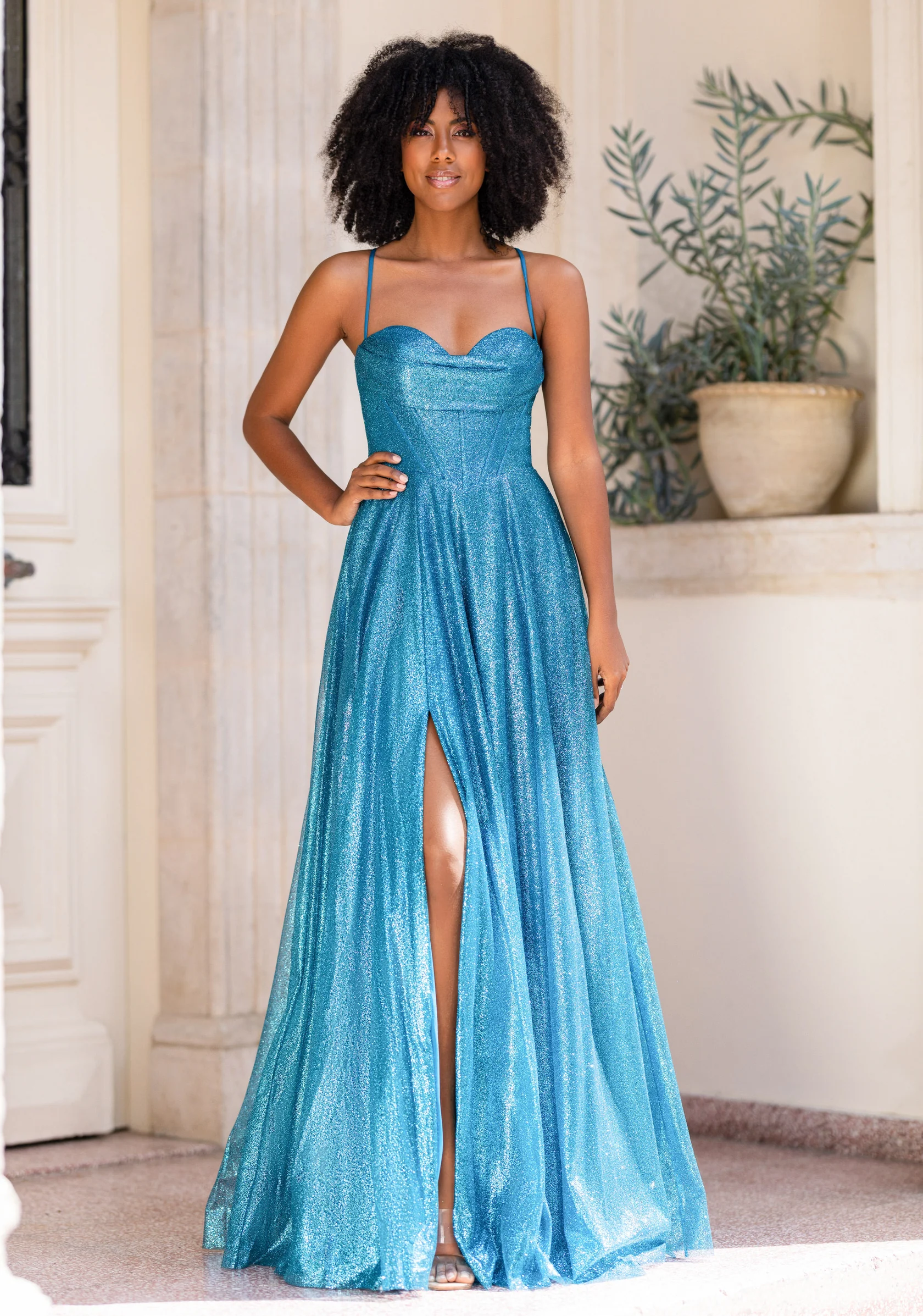 0915-MalibuBlue.front_ VESTIDO LONGO AZUL METALIZADO COM RACHA E COSTAS CRUZADAS PONTO CHIC - Image 1