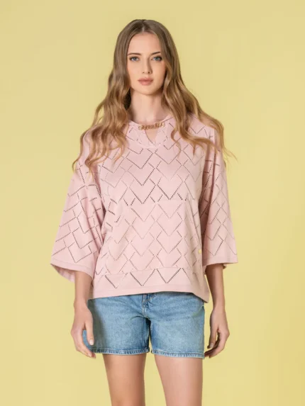 CAMISOLA ROSA COM CAPUZ EM MALHA RENDADA RUGA
