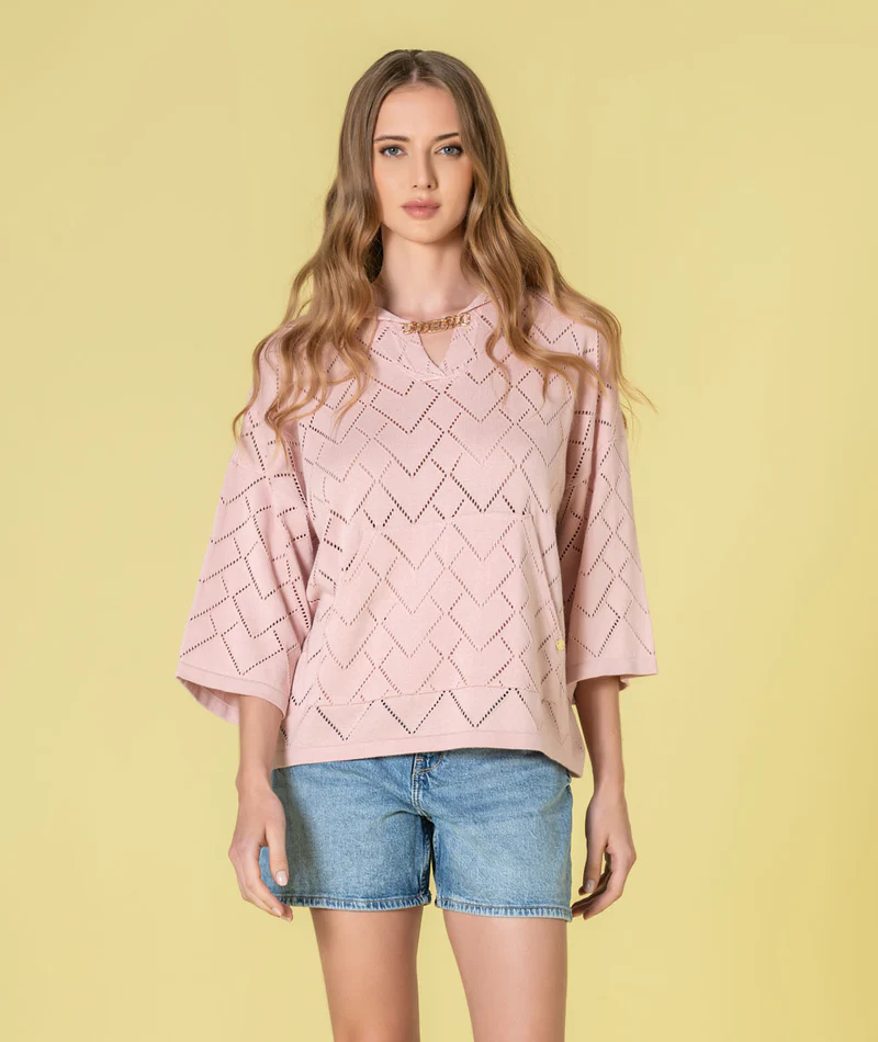 3500_2 CAMISOLA ROSA COM CAPUZ EM MALHA RENDADA RUGA - Image 1