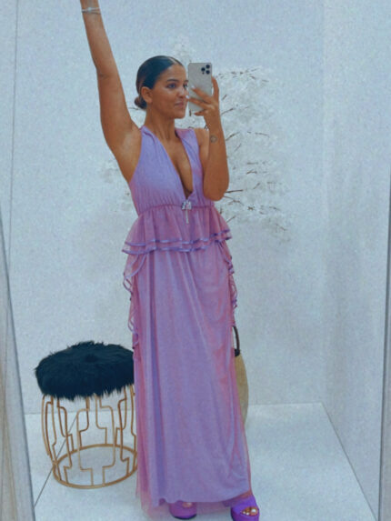 VESTIDO LONGO LILÁS COM FOLHOS E DECOTE PROFUNDO PONTO CHIC