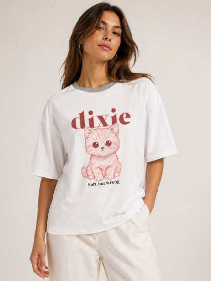 T-SHIRT BRANCA COM GATO SOFT BUT STRONG DIXIE