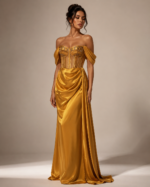 VESTIDO LONGO AMARELO TORRADO COM CORPETE E DRAPEADO LATERAL PONTO CHIC - Image 6