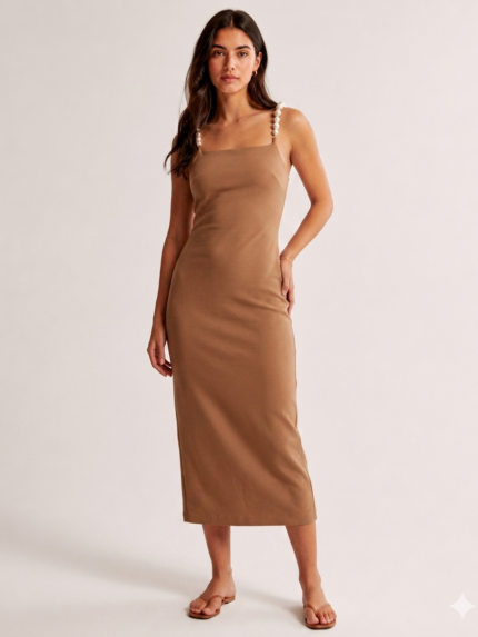 VESTIDO MIDI CARAMELO COM ALÇAS DE PÉROLAS LANÇA PERFUME