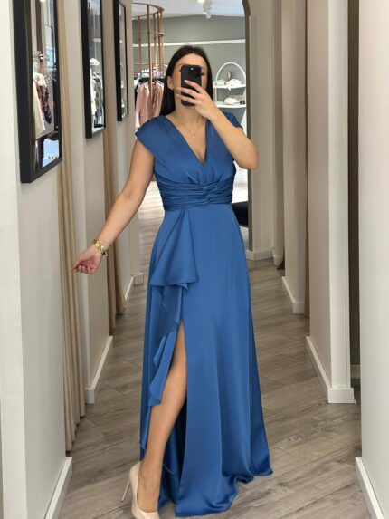 VESTIDO MIDI AZUL COM DECOTE EM V E APLICAÇÃO DE FOLHO PONTO CHIC