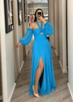 VESTIDO LONGO AZUL PLISSADO COM CORPO FRANZIDO PONTO CHIC